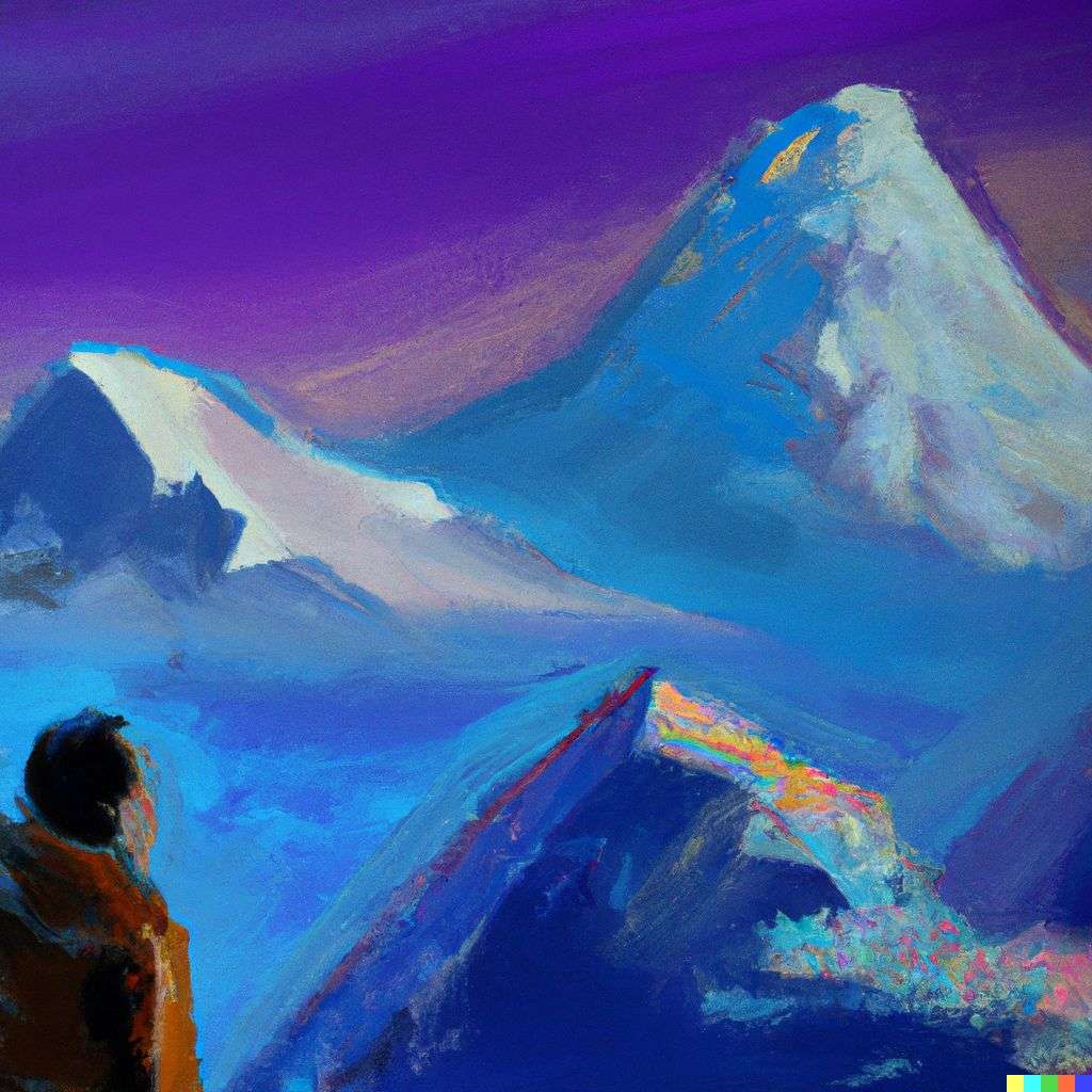 someone gazing at Mount Everest, painting, abstract style